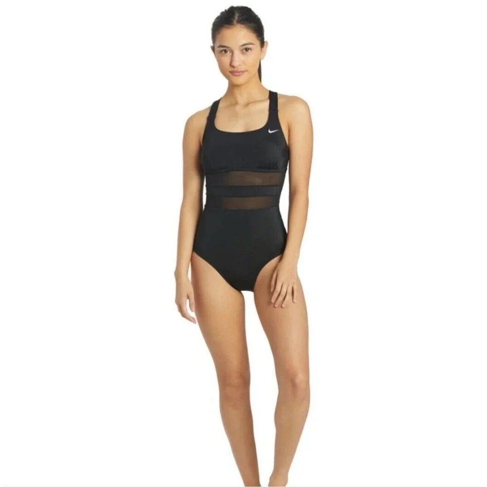 Nike Women's Standard Mesh Solid Edge V-Back One Piece Swimsuit Swimwear  Sz M - Picture 6 of 13